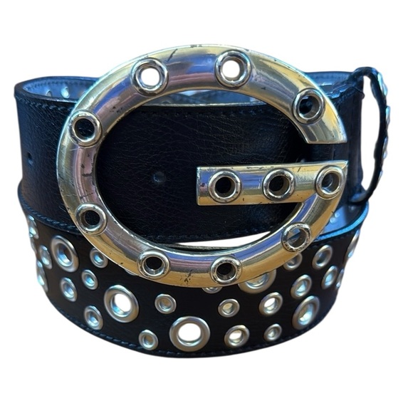 Y2K Guess “G” Logo Buckle Grommet Hole Statement Belt Black/Silver Wide Retro 34 - Picture 1 of 12